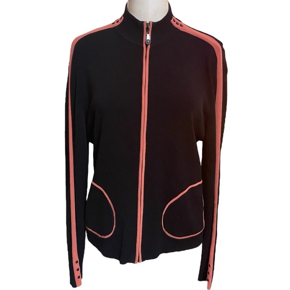 Jamie Sadock Full Zip Sweater Size L Black with Peach Trim.